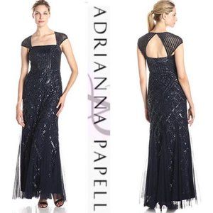 Adrianna Papell Cap Sleev Beaded Mesh Sheath Gown in Navy